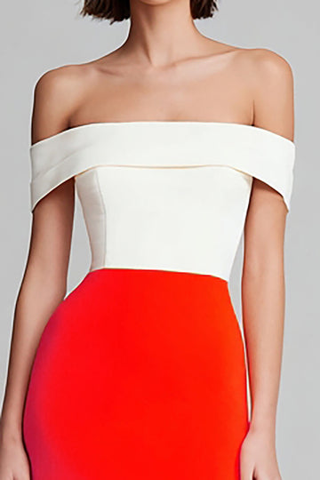 Ivory and Orange Off the Shoulder Sheath Midi Formal Dress